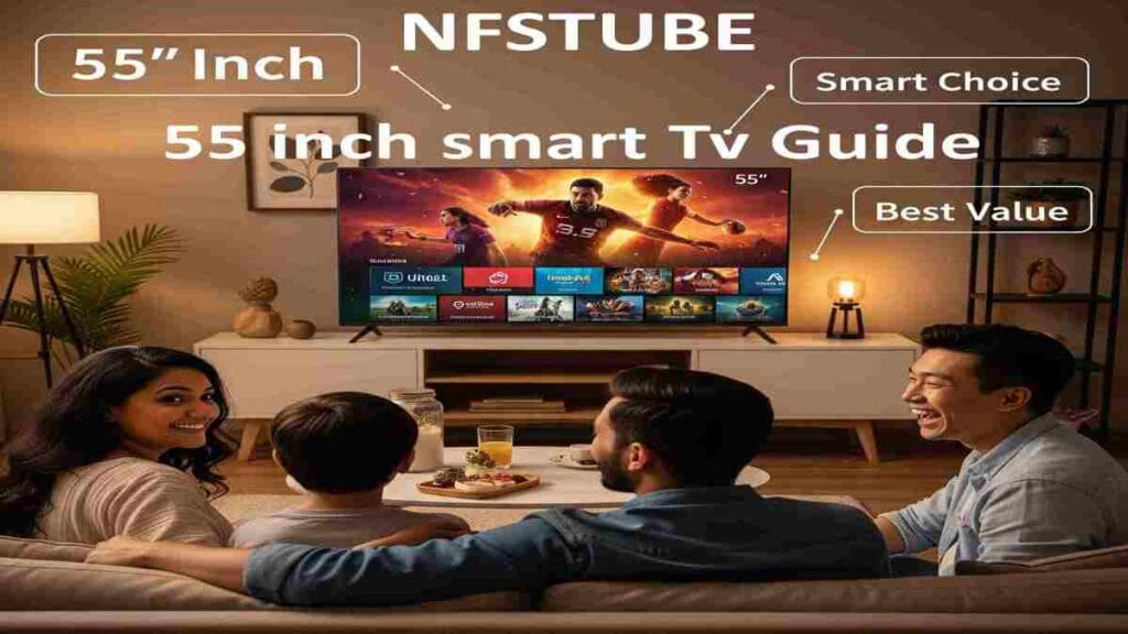 Family watching a 55-inch smart TV in a modern living room