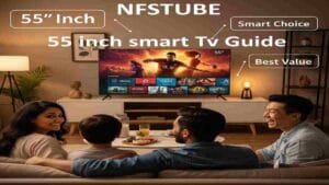 Family watching a 55-inch smart TV in a modern living room