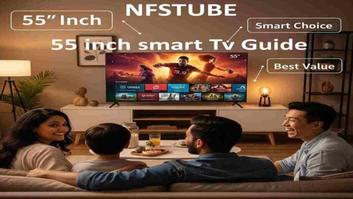 Family watching a 55-inch smart TV in a modern living room