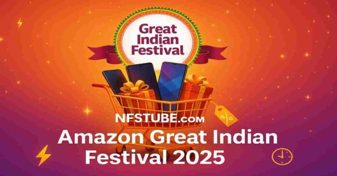 Amazon Great Indian Festival 2025 promo banner with shopping cart, gadgets, and gift boxes – NFSTUBE.com.