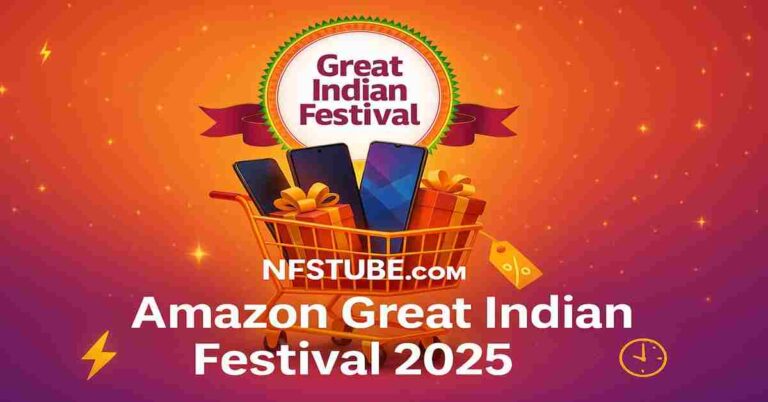Amazon Great Indian Festival 2025 promo banner with shopping cart, gadgets, and gift boxes – NFSTUBE.com.