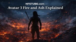 Avatar 3 Fire and Ash banner showing a volcanic Pandora landscape with a dark Ash People Navi warrior silhouette