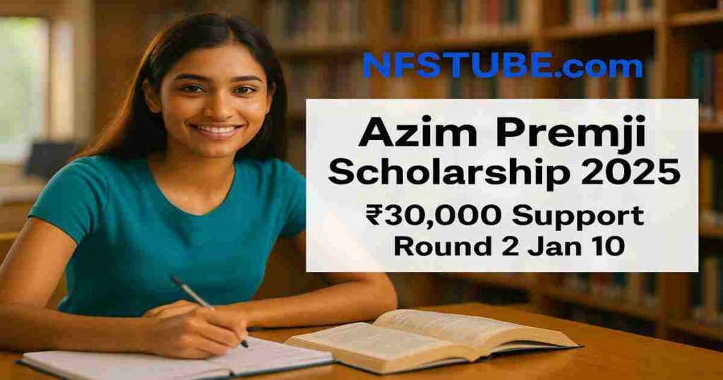 Smiling young female student studying in a university library with text overlay highlighting Azim Premji Scholarship 2025 ₹30,000 support.
