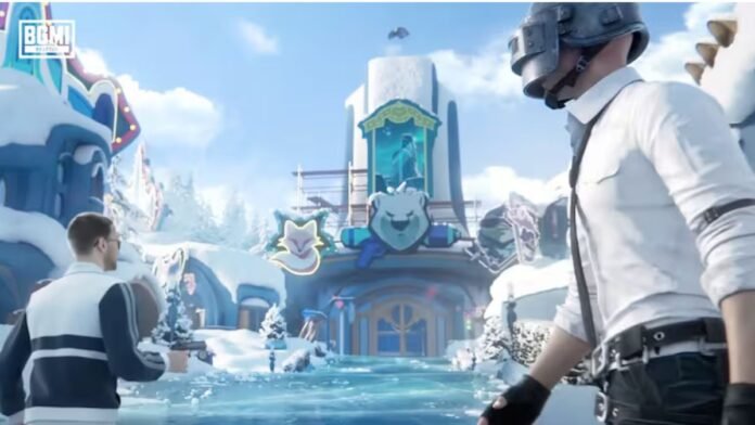 BGMI 4.1 Frosty Funland update scene with characters in a snowy theme park
