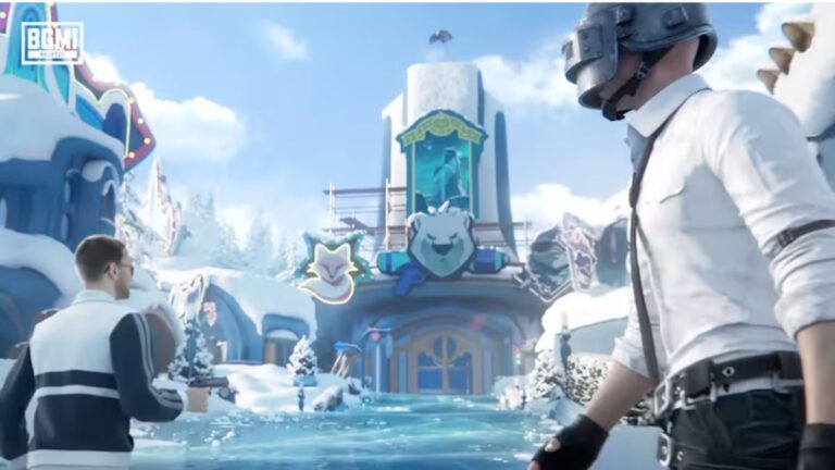 BGMI 4.1 Frosty Funland update scene with characters in a snowy theme park