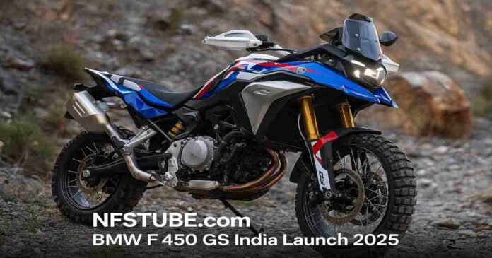BMW F 450 GS adventure bike showcased in India with its blue-white-red GS livery, gold front forks, and rugged design — highlighting its 2025 launch and performance-ready build for urban and off-road riding.