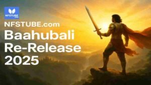 Cinematic warrior silhouette holding a sword on a mountain at sunrise, inspired by the Baahubali re-release theme, with epic golden lighting and heroic feel.