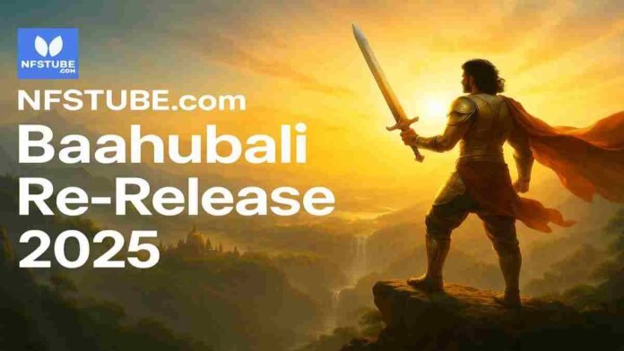 Cinematic warrior silhouette holding a sword on a mountain at sunrise, inspired by the Baahubali re-release theme, with epic golden lighting and heroic feel.