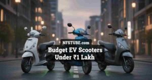 Budget EV scooters under ₹1 lakh in India — Hero Optima CX, Ola S1 X and Ather Rizta lineup with city background.