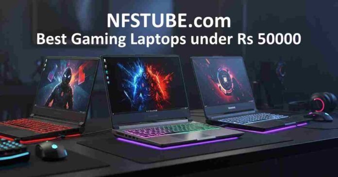 Three RGB-backlit Best Gaming Laptops on a desk with futuristic screens — best budget gaming laptops under ₹50,000 in India (Sept 2025)