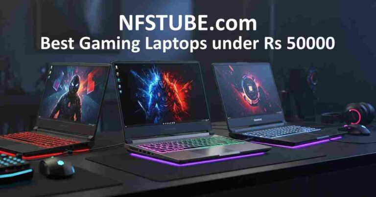 Three RGB-backlit Best Gaming Laptops on a desk with futuristic screens — best budget gaming laptops under ₹50,000 in India (Sept 2025)