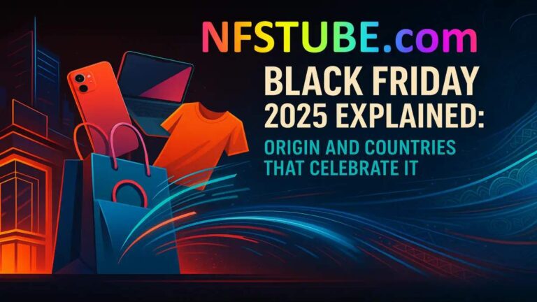 A modern Black Friday 2025 banner showing a neon retail skyline, digital shopping stream and a stylized bag with smartphone, laptop and fashion apparel emerging.