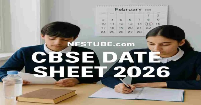 Students preparing for CBSE 2026 exams with a calendar showing exam dates, calm classroom scene