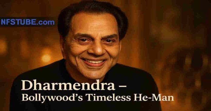Veteran Bollywood actor Dharmendra smiles gracefully in a cinematic portrait, symbolizing his six-decade legacy and enduring charm at age 89, featured in an NFSTUBE tribute image.