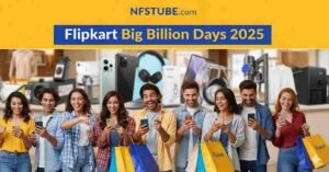 A vibrant glossy banner for Flipkart Big Billion Days 2025, featuring a diverse group of people excitedly shopping on their phones and laptops.