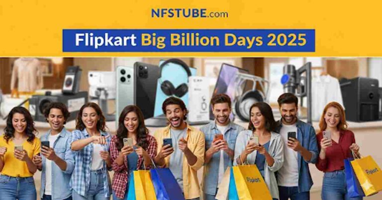 A vibrant glossy banner for Flipkart Big Billion Days 2025, featuring a diverse group of people excitedly shopping on their phones and laptops.