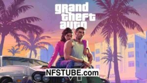 GTA 6 India Launch 2026, featuring the game’s lead duo in a vibrant Vice City-inspired sunset background, optimized in white and neon-blue billboard style.