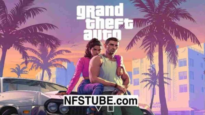 GTA 6 India Launch 2026, featuring the game’s lead duo in a vibrant Vice City-inspired sunset background, optimized in white and neon-blue billboard style.