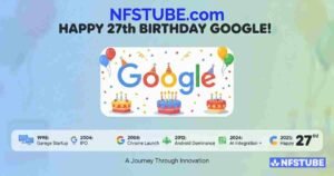 NFSTUBE.com celebratory graphic for Google 27th birthday with balloons, cakes, confetti, Google logo, and innovation timeline from 1998 to 2025