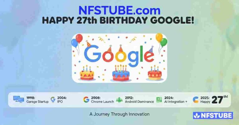 NFSTUBE.com celebratory graphic for Google 27th birthday with balloons, cakes, confetti, Google logo, and innovation timeline from 1998 to 2025