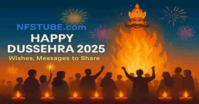 Happy Dussehra 2025 banner with Ravana effigy burning, fireworks, crowd watching, and festive wishes message.