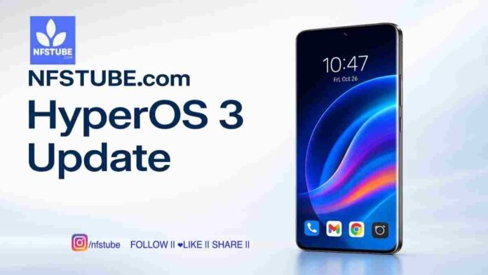 Xiaomi smartphone with a glowing HyperOS 3 interface on screen. Highlighting the new software rollout for Redmi and Poco users in India.