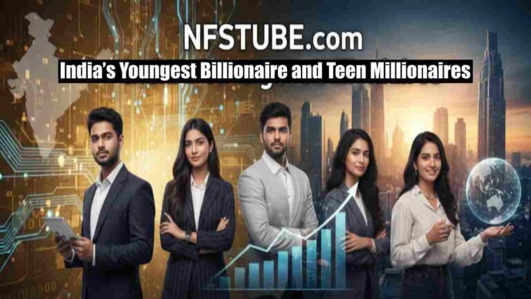 India’s Youngest Billionaire founders and teen entrepreneurs (AI, FinTech) standing before a digital map of India and a growth chart. NFSTUBE banner.