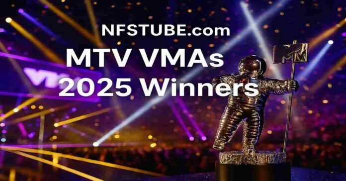 MTV VMAs 2025 stage with the silver Moonman trophy under a spotlight, confetti falling, bright purple and gold lights, cheering audience in the background, and bold overlay text reading NFSTUBE.com MTV VMAs 2025 Winners.