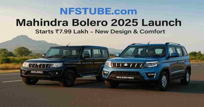  2025 Mahindra Bolero and Bolero Neo SUVs launch banner showing new grille design and colors.
