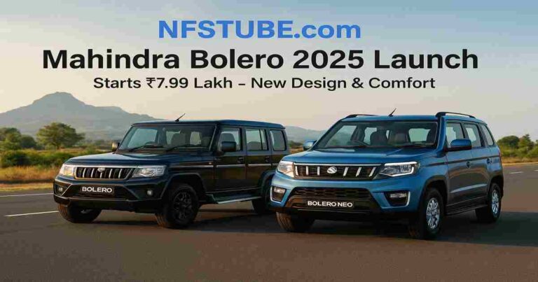  2025 Mahindra Bolero and Bolero Neo SUVs launch banner showing new grille design and colors.