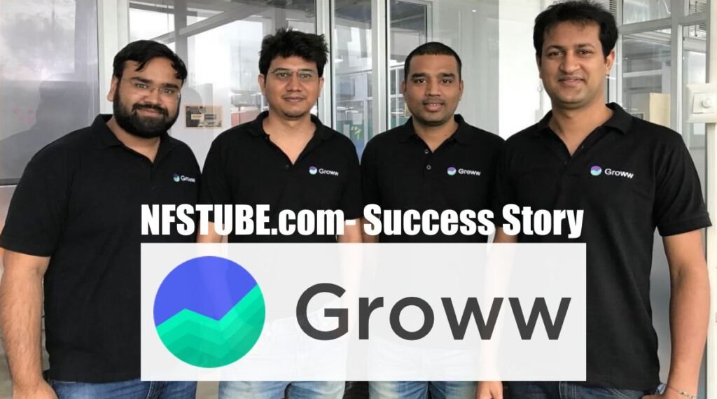 Groww founders standing together in black branded T-shirts with NFSTUBE.com Success Story