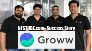 Groww founders standing together in black branded T-shirts with NFSTUBE.com Success Story