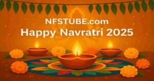 Happy Navratri 2025 greeting with diyas, marigold flowers, rangoli and a golden silhouette of Maa Durga under festive lighting.