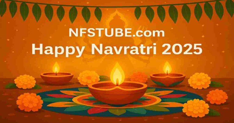 Happy Navratri 2025 greeting with diyas, marigold flowers, rangoli and a golden silhouette of Maa Durga under festive lighting.