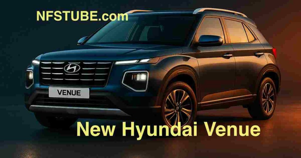 Hyundai Venue Premium compact SUV in bright studio showcasing 2025 design with LED lights and modern front styling, clean tech icons around.