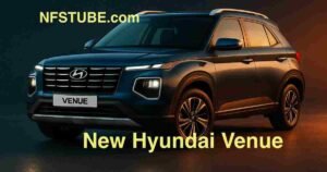 Hyundai Venue Premium compact SUV in bright studio showcasing 2025 design with LED lights and modern front styling, clean tech icons around.