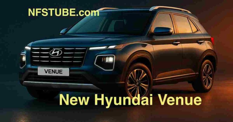 Hyundai Venue Premium compact SUV in bright studio showcasing 2025 design with LED lights and modern front styling, clean tech icons around.