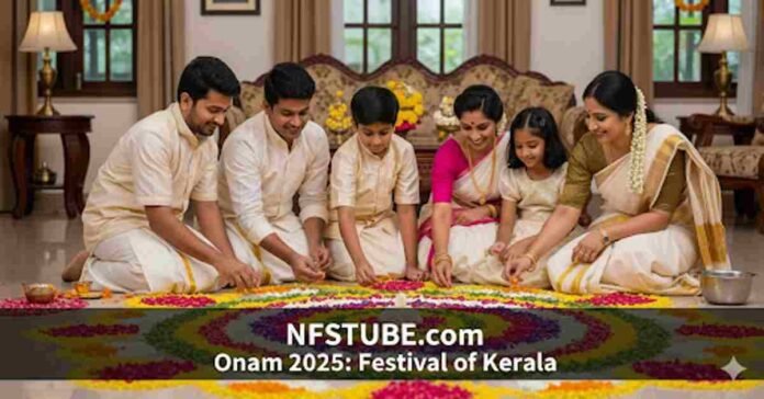 A family in traditional Kerala attire creating a vibrant floral rangoli (Pookalam) on the floor for Onam.