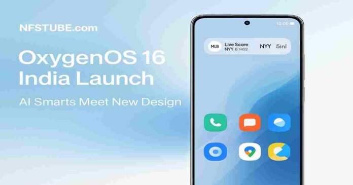 OxygenOS 16 launch in India showing OnePlus 13 with AI-powered OxygenOS 16 interface and Live Capsule notification.