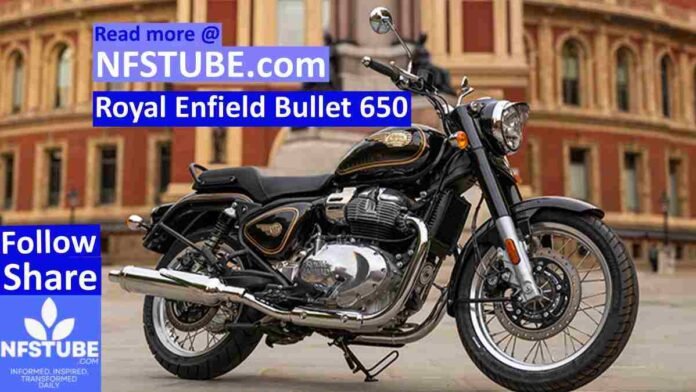 Royal Enfield Bullet 650 parked outdoors with chrome engine, black and gold tank, spoke wheels and classic Bullet styling.