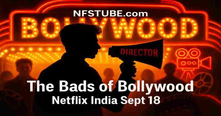 The Bads of Bollywood Netflix India release poster with director silhouette and glowing Bollywood marquee lights, Aryan Khan debut series