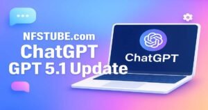 ChatGPT GPT 5.1 Update banner showing a laptop screen with the ChatGPT logo, bright gradient background.