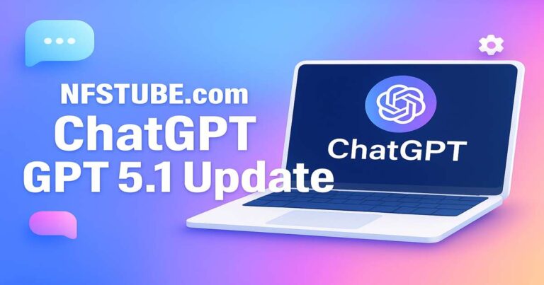 ChatGPT GPT 5.1 Update banner showing a laptop screen with the ChatGPT logo, bright gradient background.