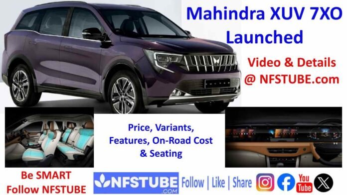 Mahindra XUV 7XO launched in India showing exterior design and interior seating with triple-screen dashboard