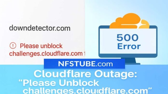 Cloudflare outage collage showing a downdetector error message “Please unblock challenges.cloudflare.com to proceed” on the left and a 500 error graphic on the right.