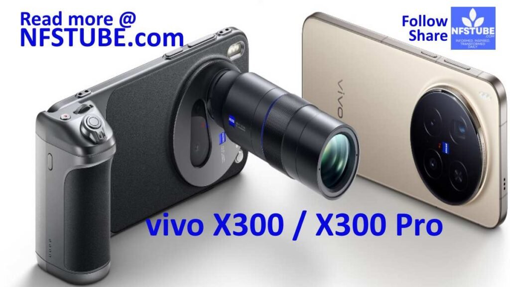 vivo X300 and X300 Pro smartphones shown with ZEISS camera hardware, including a detachable periscope-style lens module and circular camera housing.