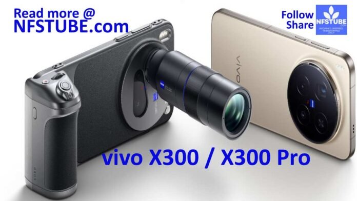 vivo X300 and X300 Pro smartphones shown with ZEISS camera hardware, including a detachable periscope-style lens module and circular camera housing.