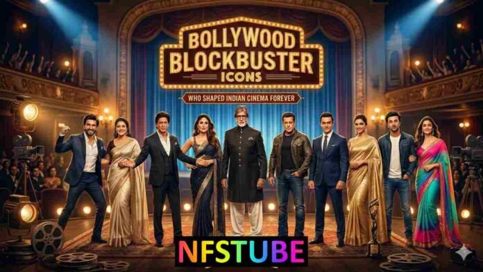Large theatrical stage filled with 10 legendary Bollywood blockbuster icons, including Shah Rukh Khan, Amitabh Bachchan,standing under a massive, illuminated, classic marquee sign that reads 