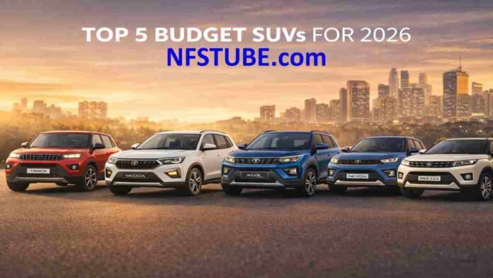 Best budget SUVs in India 2026 including Tata Punch, Skoda Kylaq, Mahindra XUV 3XO, Tata Nexon and Maruti Brezza - NFSTUBE comparison banner