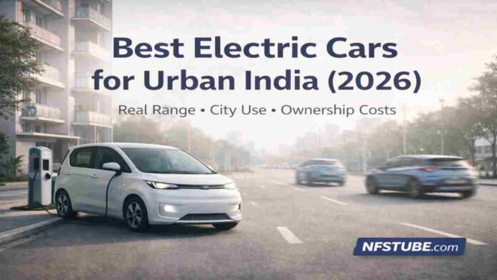Best electric EV cars for urban India in 2026 with home charging and city driving focus- NFSTUBE graphic